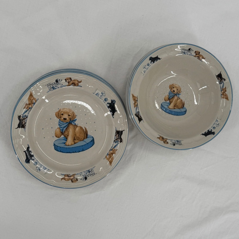 Vintage 90s Tienshan Puppy Love Stonewear Set 4 Plates/4 Bowls Golden Retriever